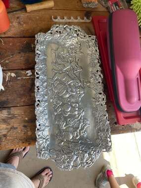 Vintage 1995 Arthur Court Aluminum Rabbit and Rose Reticulated XL Rectangular Tr